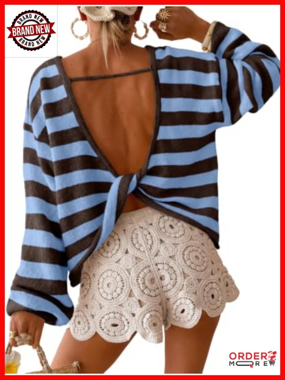 Striped Open Back Sweater Twist Knot Slouchy Pullover